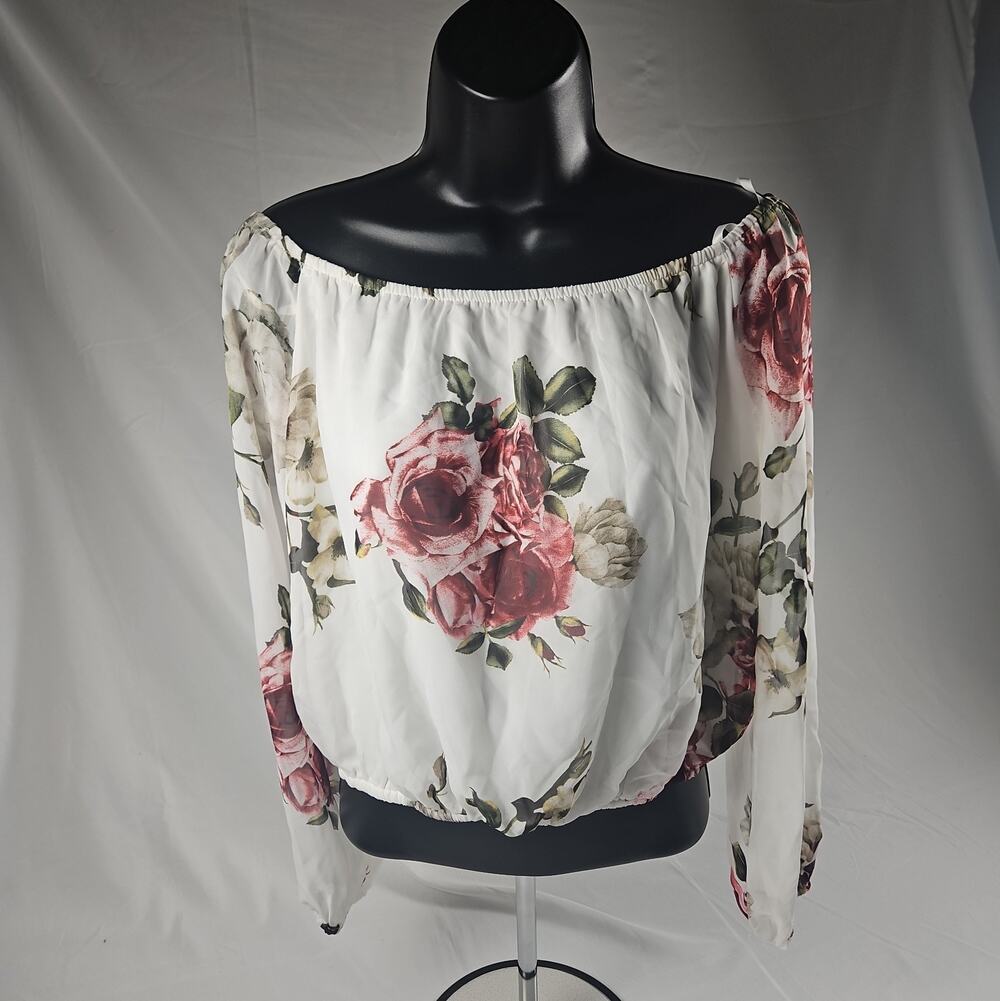 Women's Floral Off Shoulder Blouse White Rose Print Long Sleeve by Windsor Small